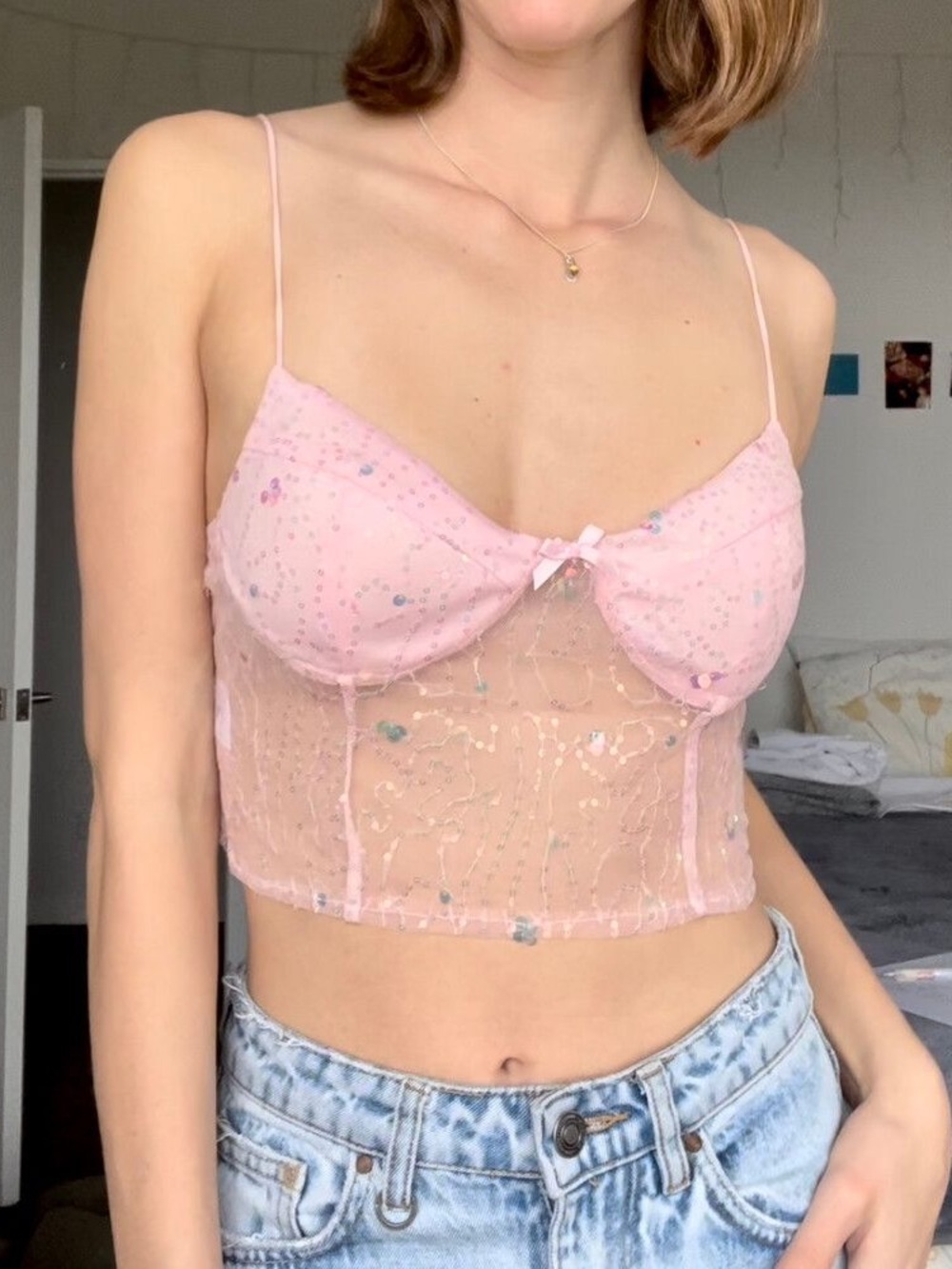 Princess Polly Pink Sequin Breanna Crop Mesh Size 4 - Picture 1 of 9